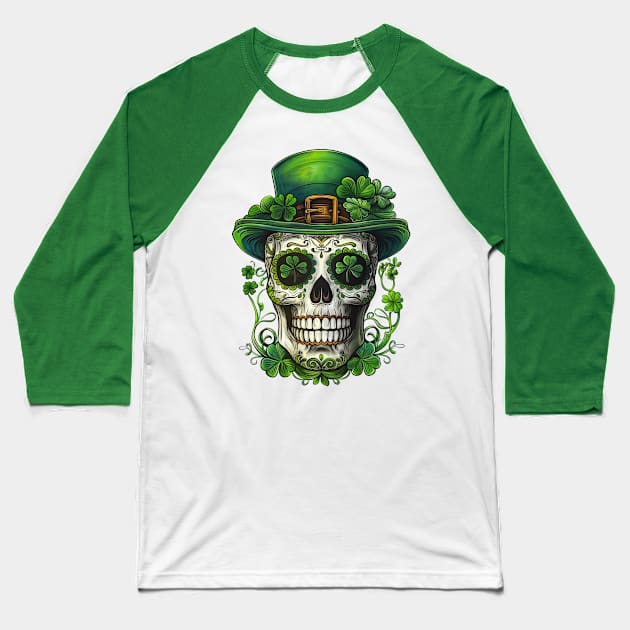 St. Patrick's Day Shamrock Skull Baseball T-Shirt by Wintrly